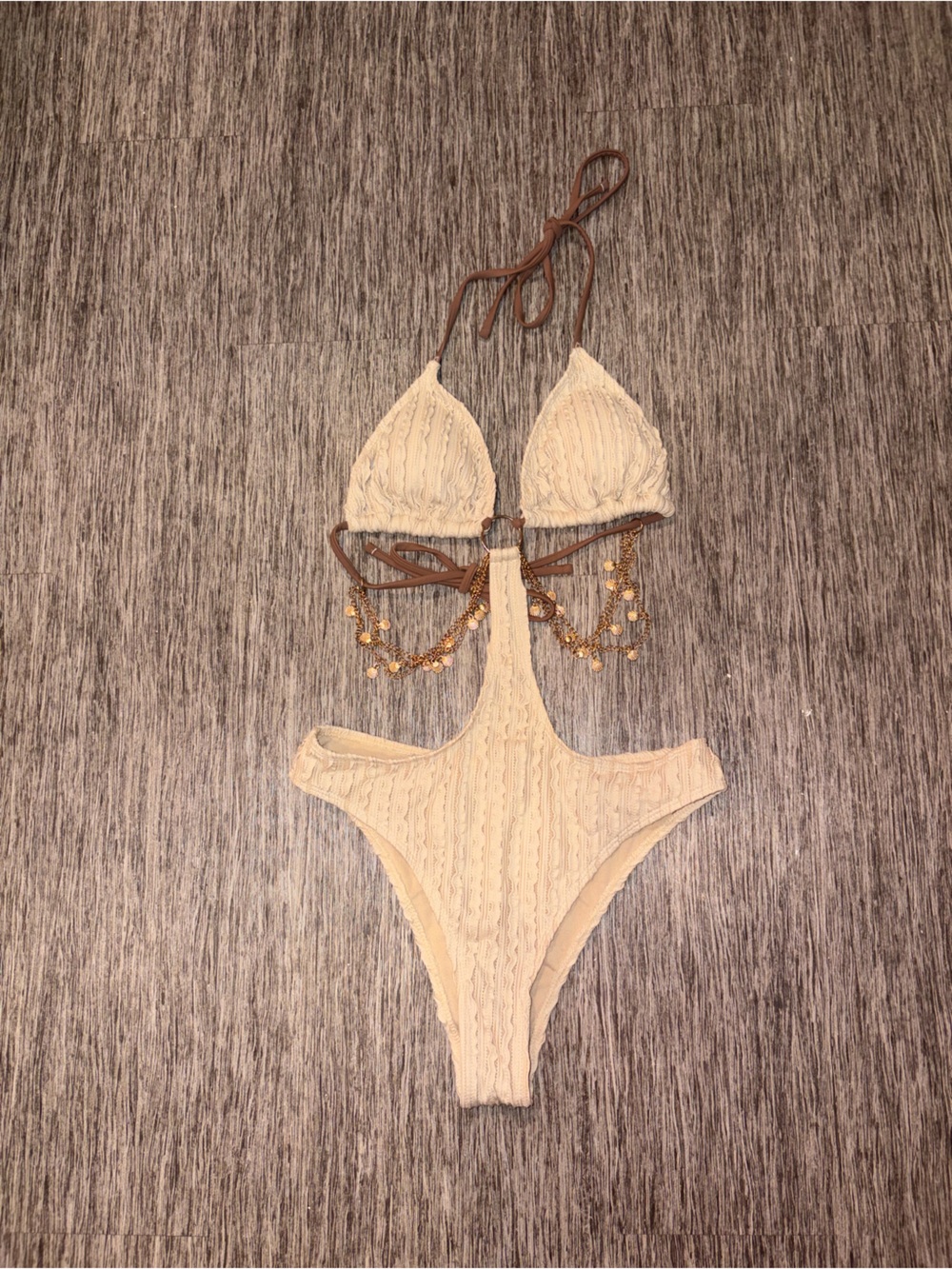 SHEIN Cream One-Piece Crochet Monokini with Brown Straps